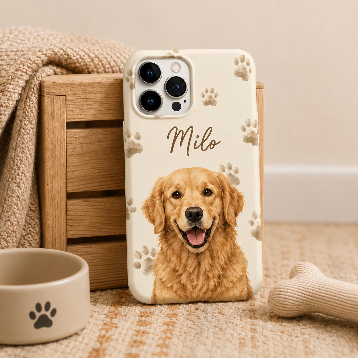 Personalized Pet Portrait Phone Case, Custom Dog or Cat Name iPhone Case, Paw Print Phone Cover, Pet Lover Gift
