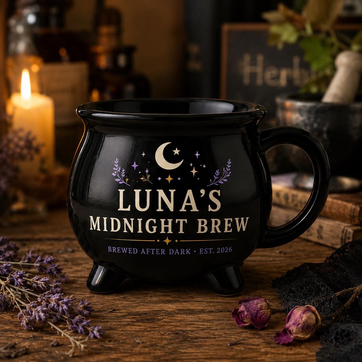 Personalized Midnight Brew Cauldron Mug, Custom Witchy Name Mug, Moon Phase Gothic Coffee Cup, Halloween Gift for Her