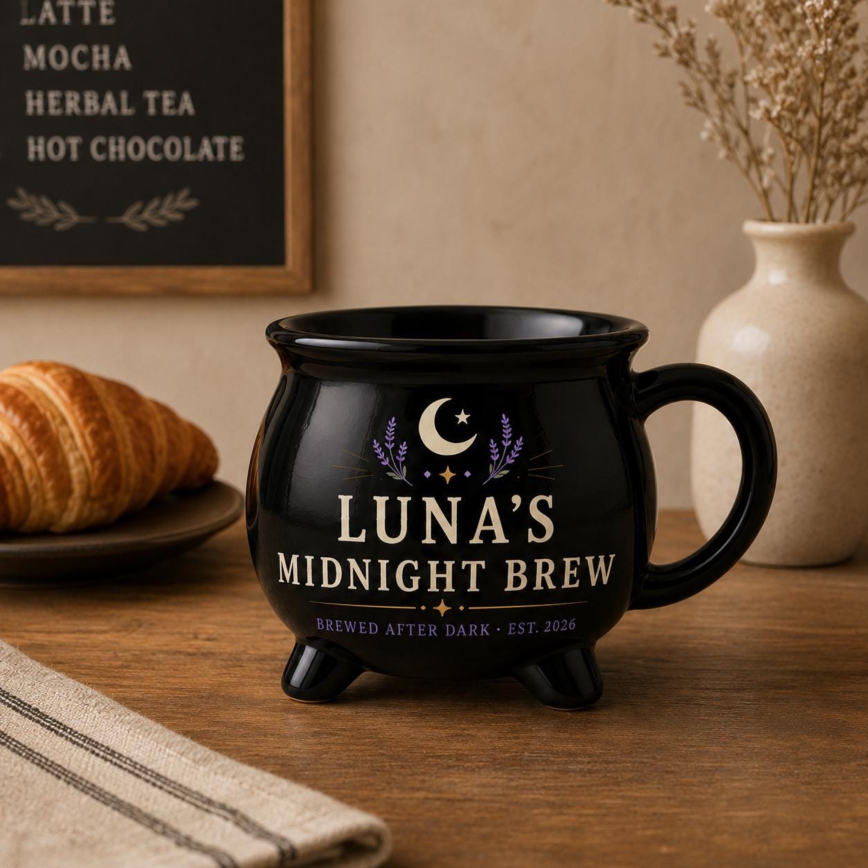 Personalized Midnight Brew Cauldron Mug, Custom Witchy Name Mug, Moon Phase Gothic Coffee Cup, Halloween Gift for Her