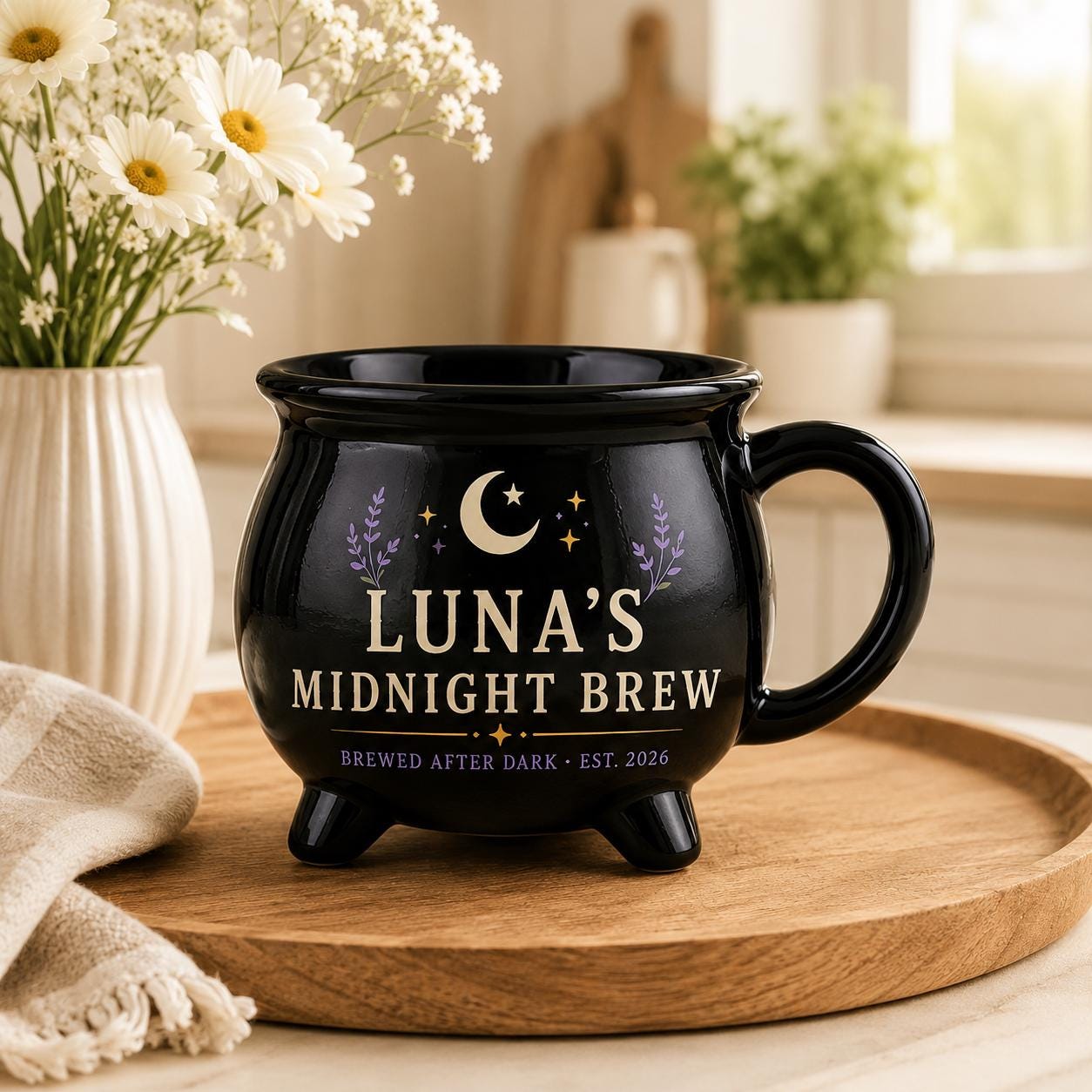 Personalized Midnight Brew Cauldron Mug, Custom Witchy Name Mug, Moon Phase Gothic Coffee Cup, Halloween Gift for Her