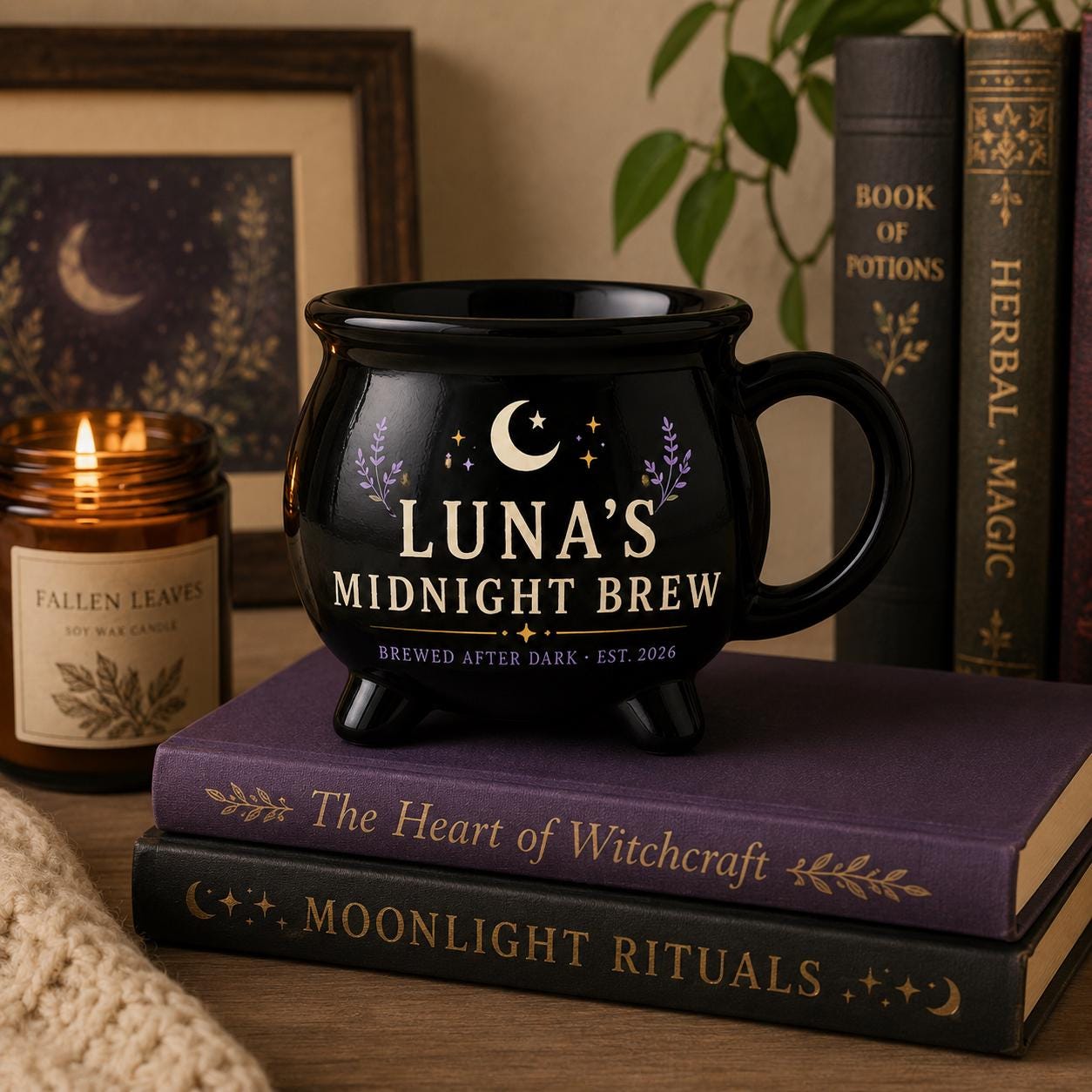 Personalized Midnight Brew Cauldron Mug, Custom Witchy Name Mug, Moon Phase Gothic Coffee Cup, Halloween Gift for Her