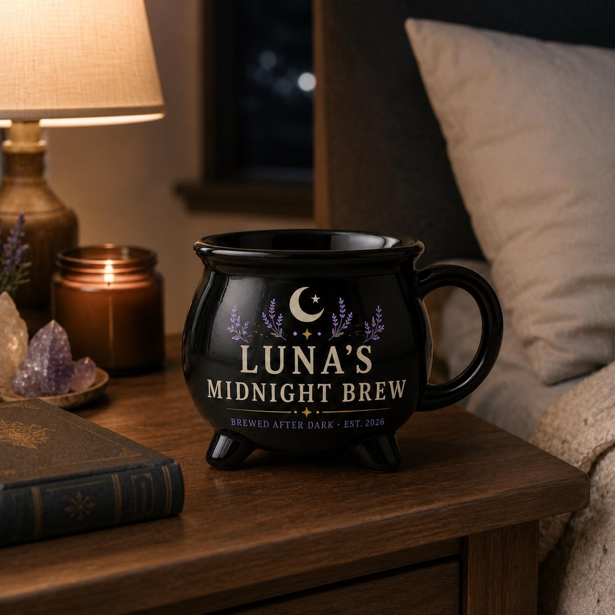 Personalized Midnight Brew Cauldron Mug, Custom Witchy Name Mug, Moon Phase Gothic Coffee Cup, Halloween Gift for Her