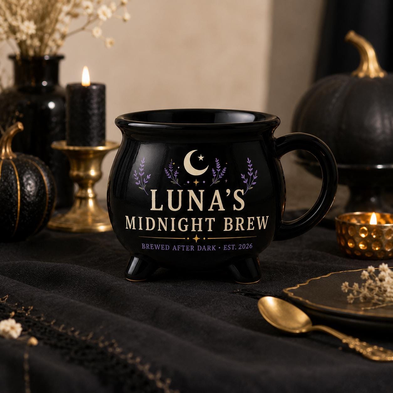 Personalized Midnight Brew Cauldron Mug, Custom Witchy Name Mug, Moon Phase Gothic Coffee Cup, Halloween Gift for Her