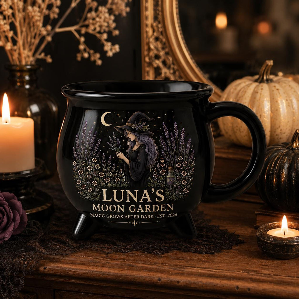 Personalized Witch Cauldron Mug, Custom Moon Garden Mug, Gothic Botanical Halloween Cup, Witchy Gift for Her