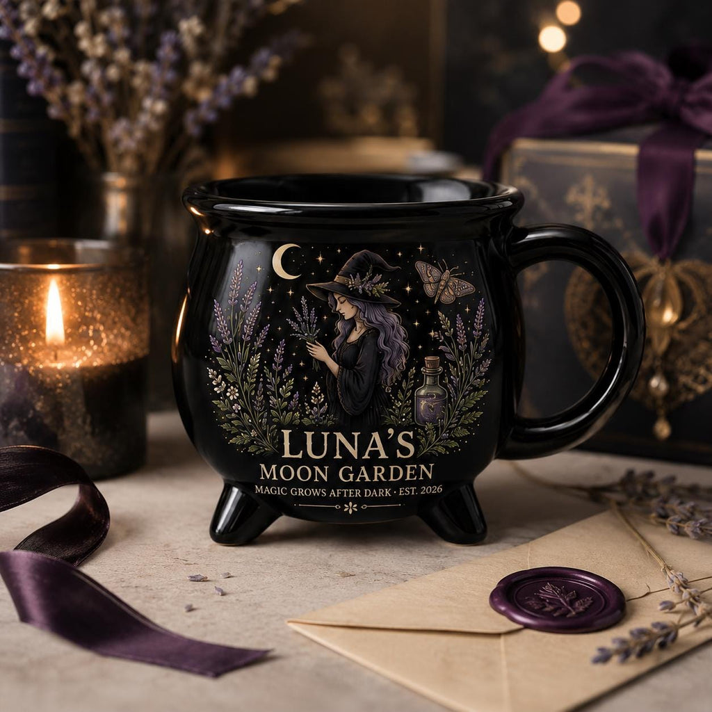 Personalized Witch Cauldron Mug, Custom Moon Garden Mug, Gothic Botanical Halloween Cup, Witchy Gift for Her