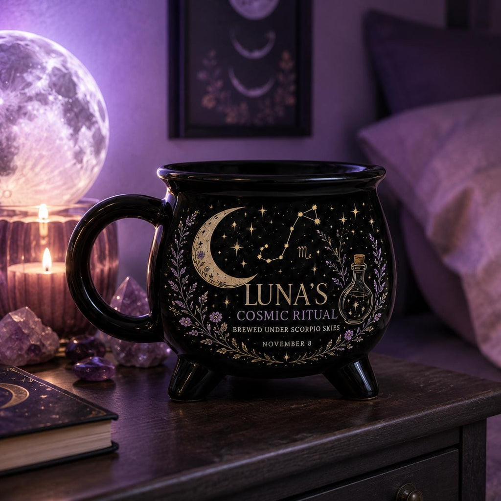 Personalized Zodiac Cauldron Mug, Custom Cosmic Ritual Mug, Scorpio Astrology Gift, Celestial Witchy Coffee Cup