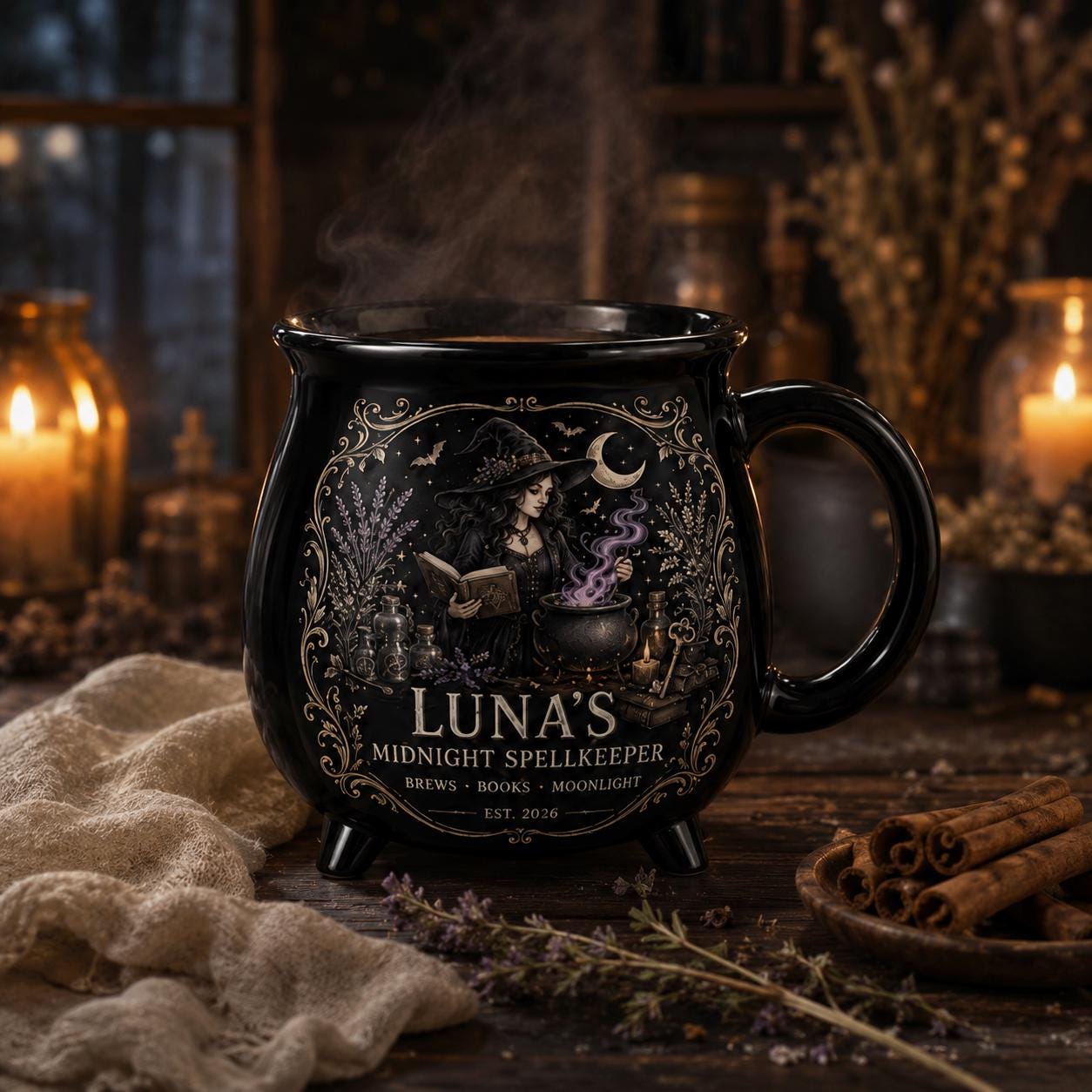 Personalized Midnight Spellkeeper Cauldron Mug, Custom Witch Book Lover Gift, Gothic Apothecary Coffee Cup
