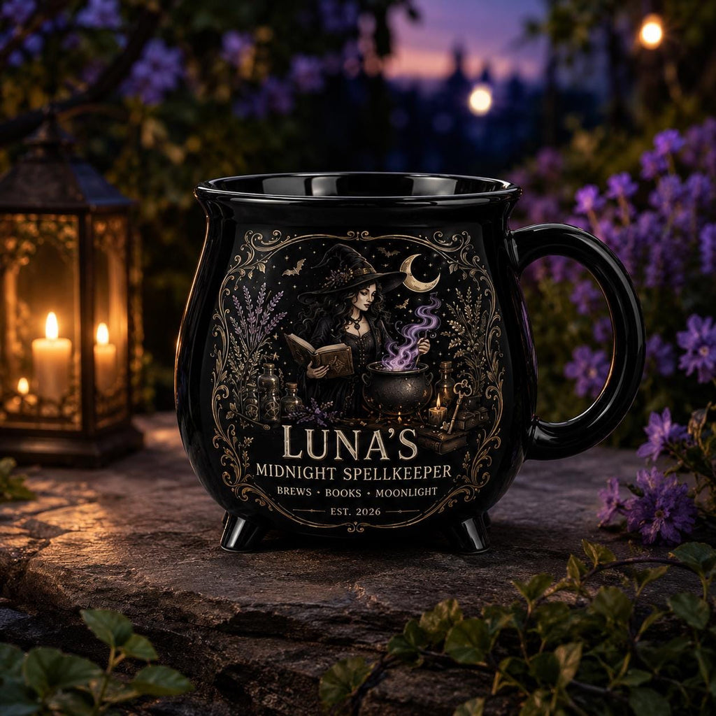 Personalized Midnight Spellkeeper Cauldron Mug, Custom Witch Book Lover Gift, Gothic Apothecary Coffee Cup