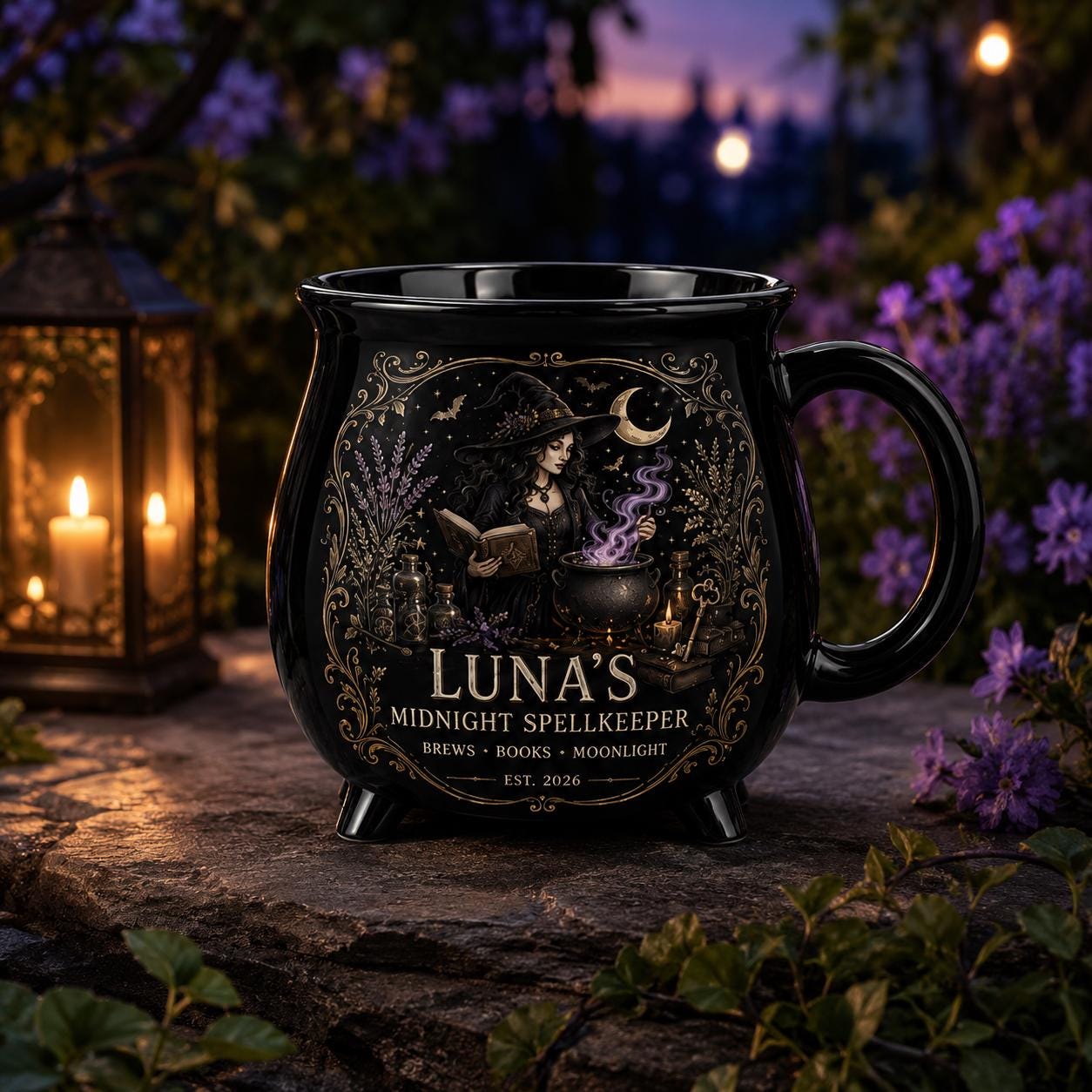 Personalized Midnight Spellkeeper Cauldron Mug, Custom Witch Book Lover Gift, Gothic Apothecary Coffee Cup