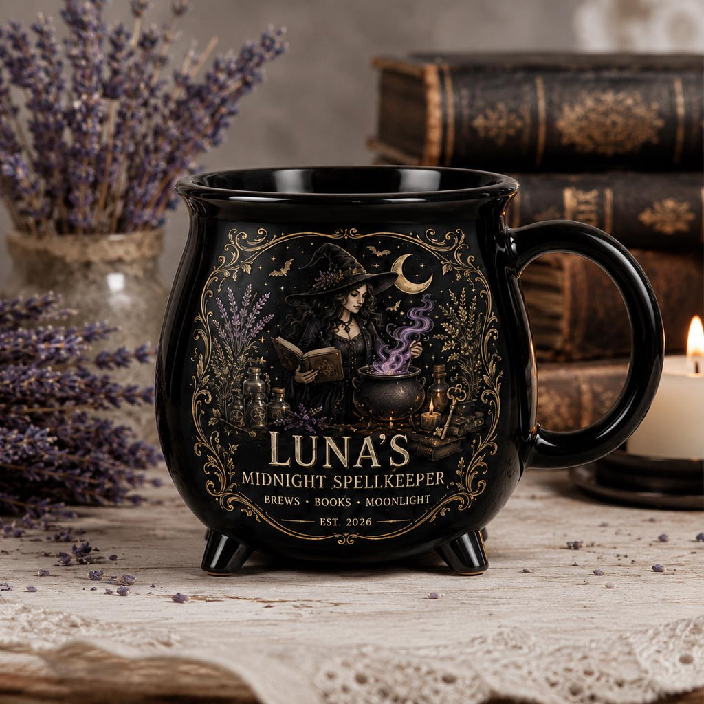 Personalized Midnight Spellkeeper Cauldron Mug, Custom Witch Book Lover Gift, Gothic Apothecary Coffee Cup