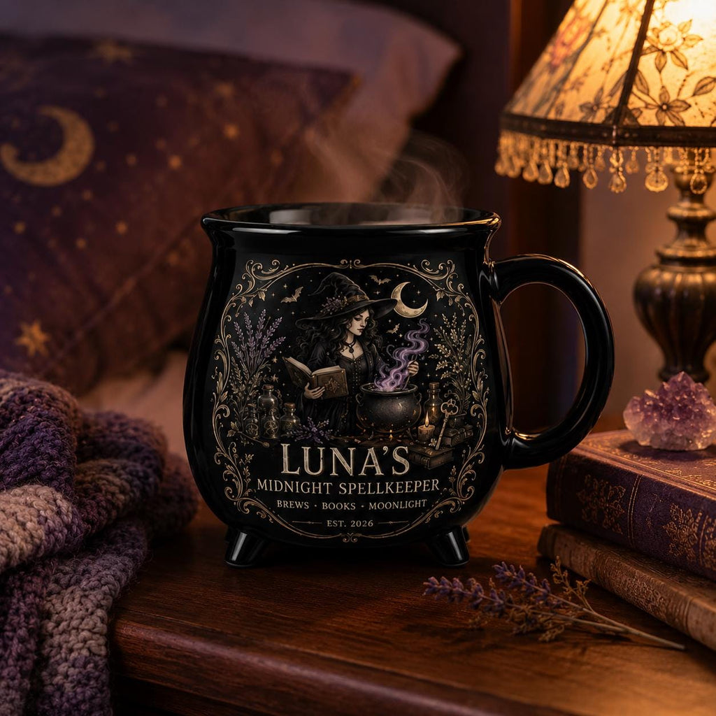 Personalized Midnight Spellkeeper Cauldron Mug, Custom Witch Book Lover Gift, Gothic Apothecary Coffee Cup
