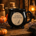 Personalized Potion Workshop Cauldron Mug, Custom Name Witchy Apothecary Cup, Gothic Halloween Gift
