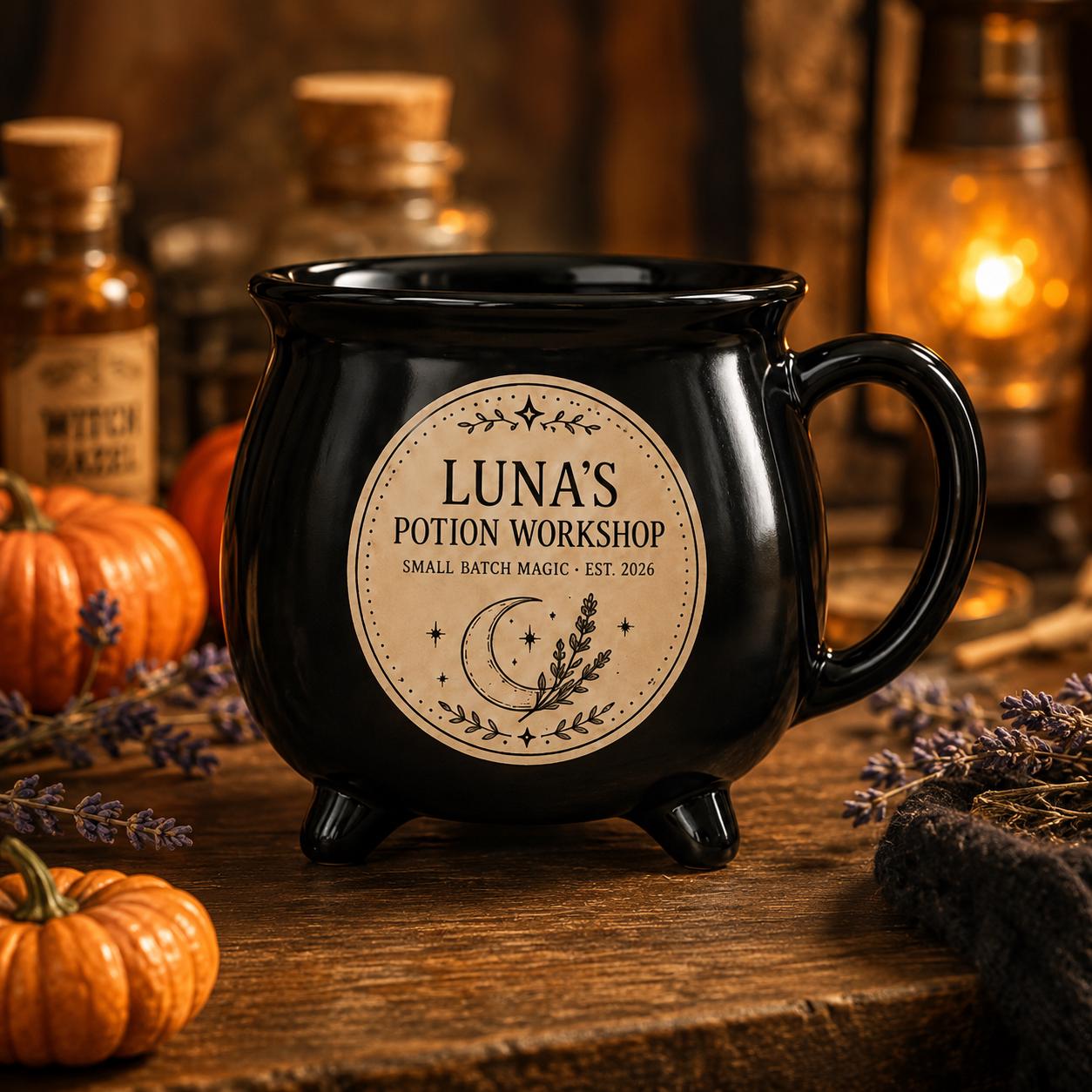 Personalized Potion Workshop Cauldron Mug, Custom Name Witchy Apothecary Cup, Gothic Halloween Gift