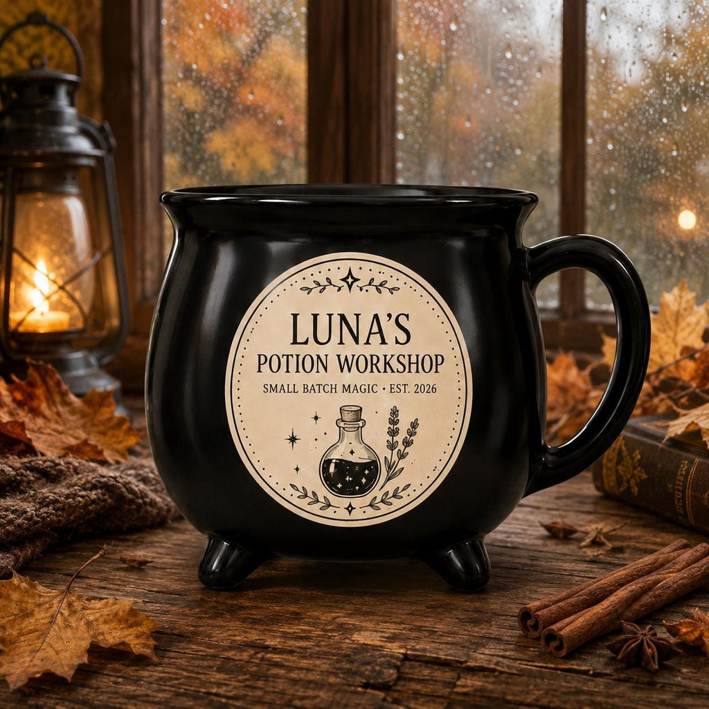 Personalized Potion Workshop Cauldron Mug, Custom Name Witchy Apothecary Cup, Gothic Halloween Gift