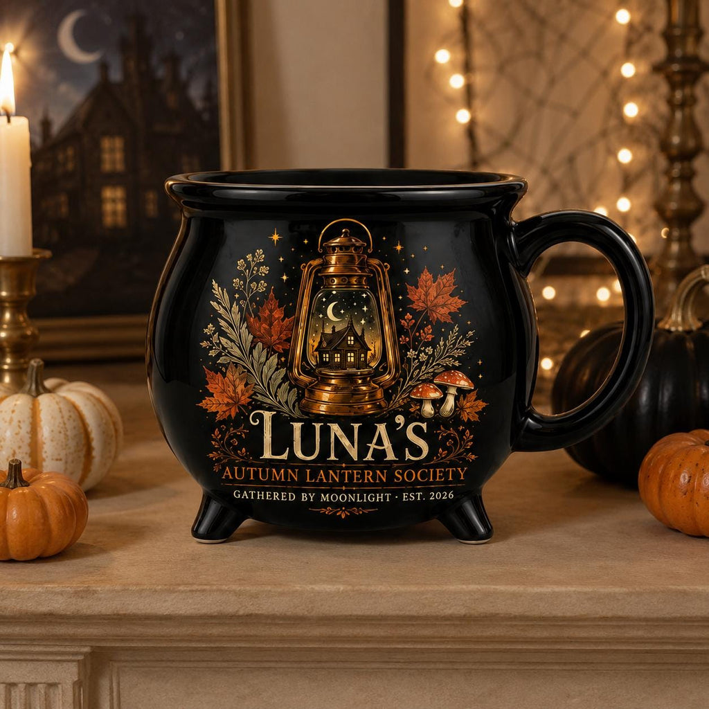 Personalized Autumn Lantern Cauldron Mug, Custom Name Fall Witchy Cup, Moonlit Cottage Halloween Gift