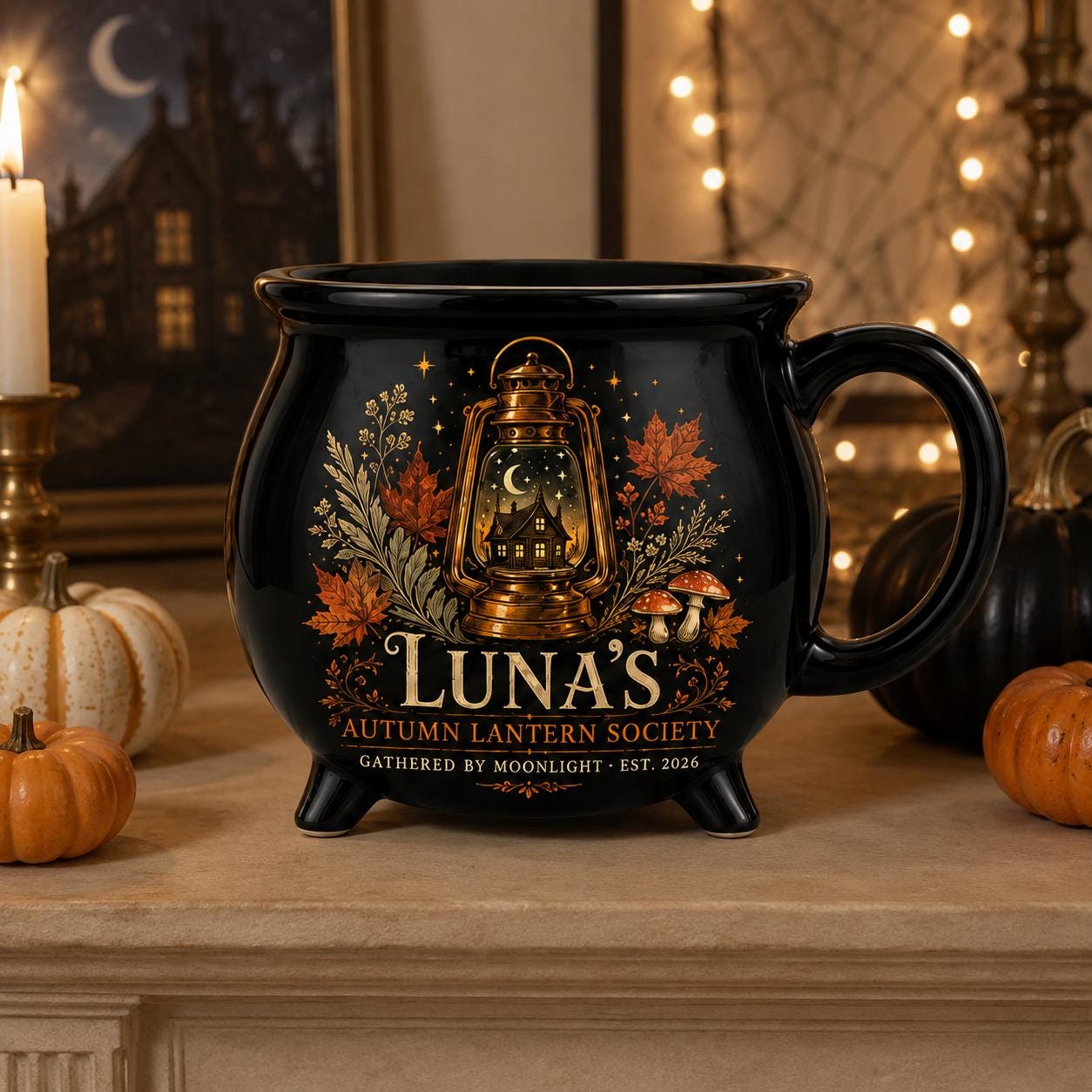 Personalized Autumn Lantern Cauldron Mug, Custom Name Fall Witchy Cup, Moonlit Cottage Halloween Gift