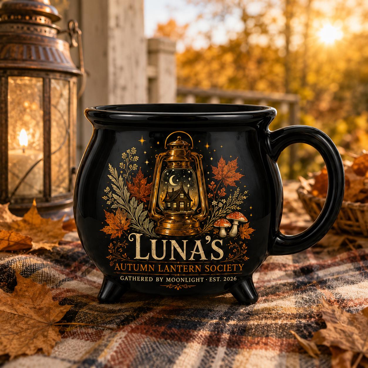 Personalized Autumn Lantern Cauldron Mug, Custom Name Fall Witchy Cup, Moonlit Cottage Halloween Gift
