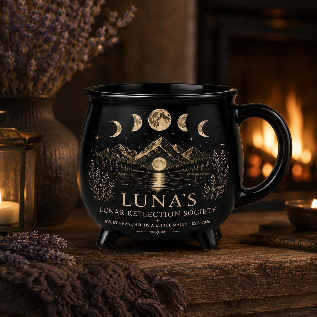 Personalized Lunar Reflection Cauldron Mug, Custom Moon Phase Mug, Celestial Moon Lover Gift, Witchy Black Ceramic Cup