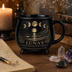 Personalized Lunar Reflection Cauldron Mug, Custom Moon Phase Mug, Celestial Moon Lover Gift, Witchy Black Ceramic Cup