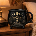Personalized Lunar Reflection Cauldron Mug, Custom Moon Phase Mug, Celestial Moon Lover Gift, Witchy Black Ceramic Cup