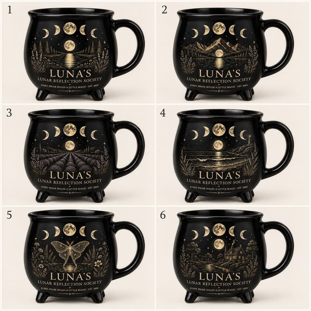 Personalized Lunar Reflection Cauldron Mug, Custom Moon Phase Mug, Celestial Moon Lover Gift, Witchy Black Ceramic Cup