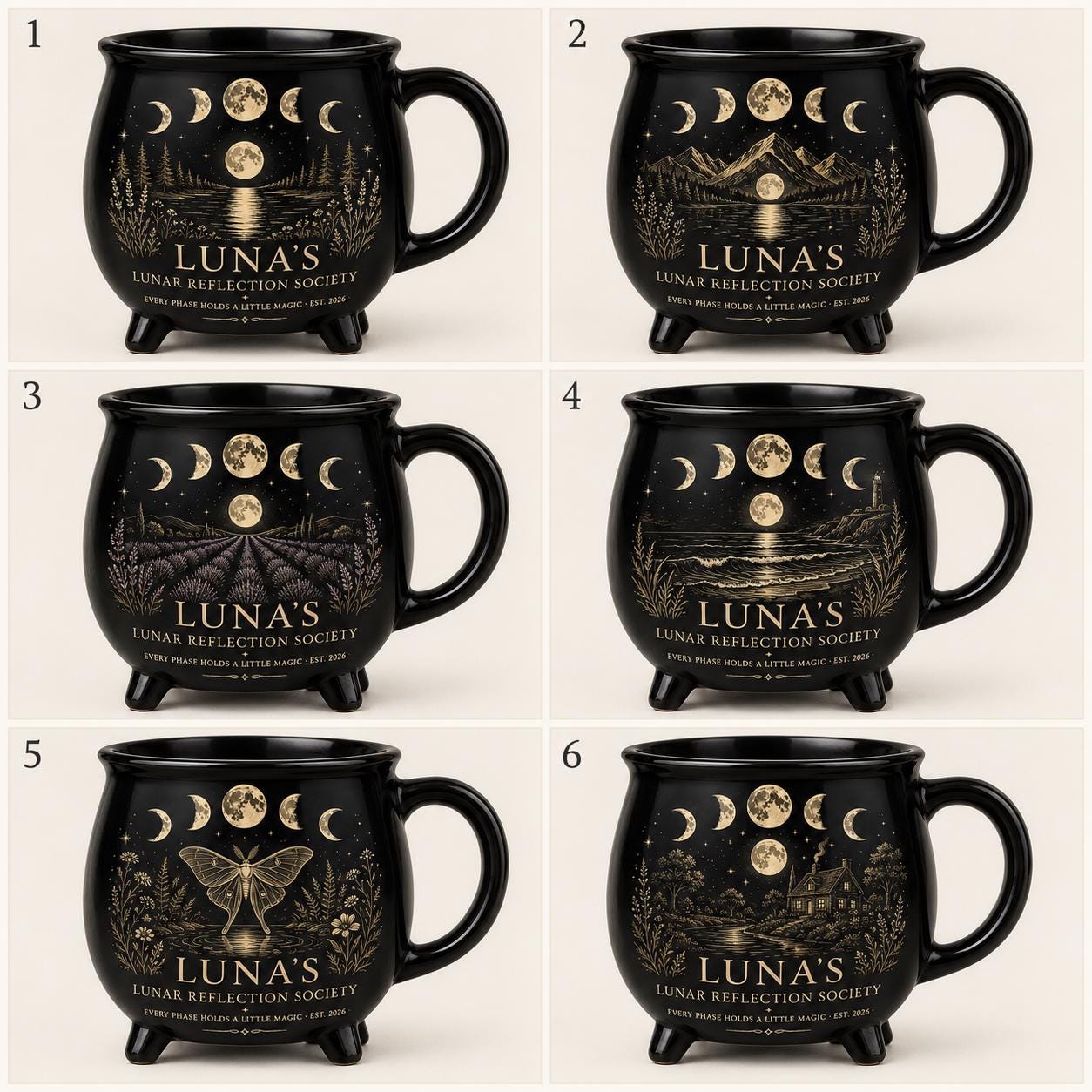 Personalized Lunar Reflection Cauldron Mug, Custom Moon Phase Mug, Celestial Moon Lover Gift, Witchy Black Ceramic Cup