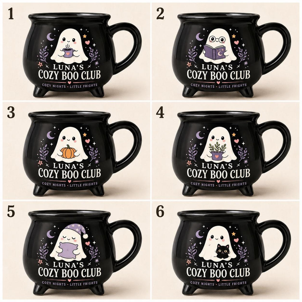 Personalized Cozy Boo Club Cauldron Mug, Cute Ghost Halloween Mug, Custom Name Spooky Gift