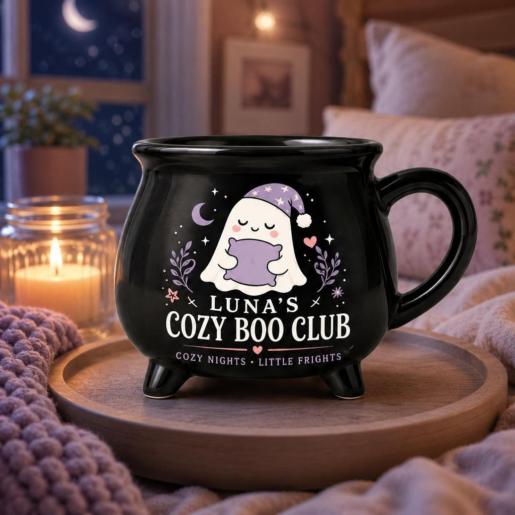 Personalized Cozy Boo Club Cauldron Mug, Cute Ghost Halloween Mug, Custom Name Spooky Gift