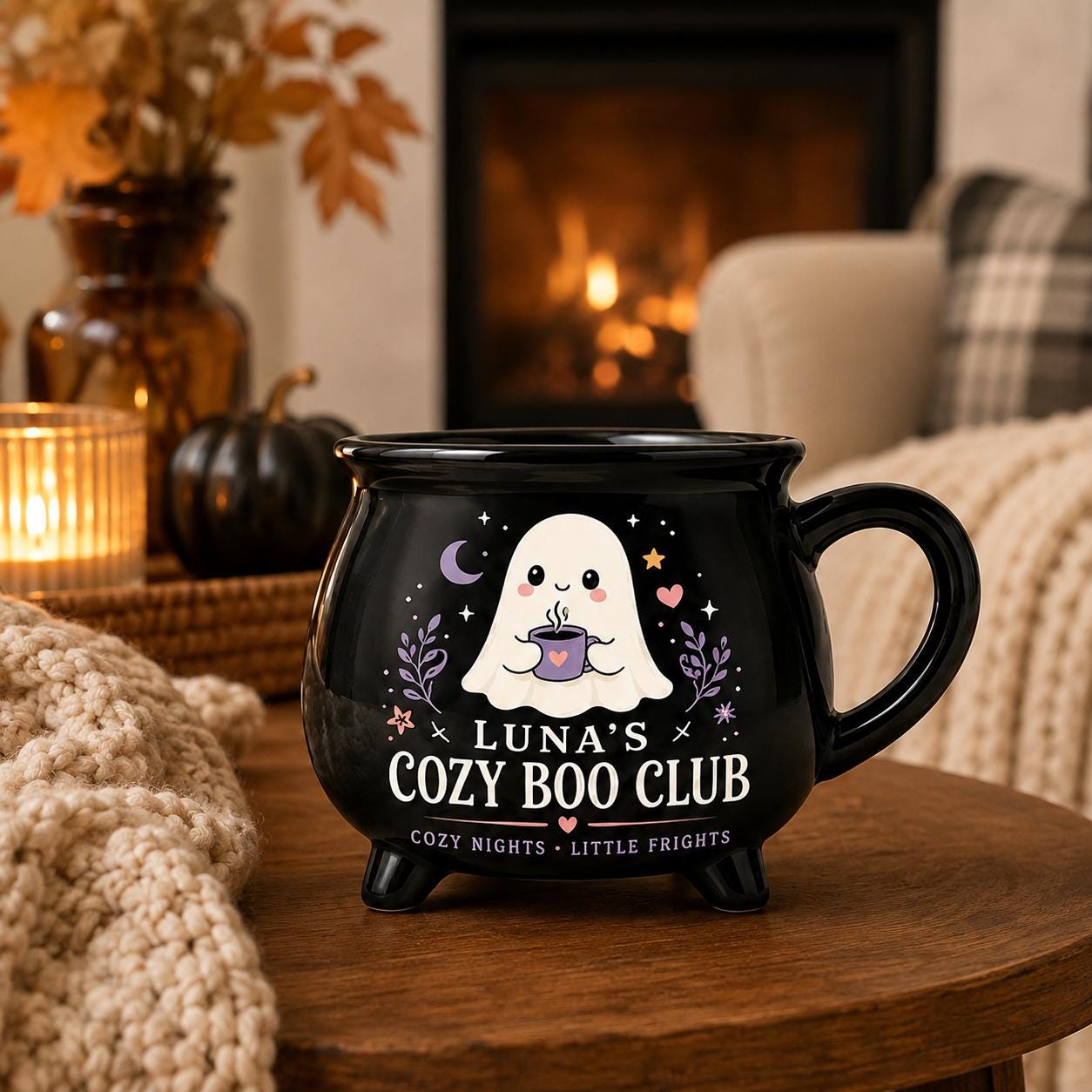 Personalized Cozy Boo Club Cauldron Mug, Cute Ghost Halloween Mug, Custom Name Spooky Gift