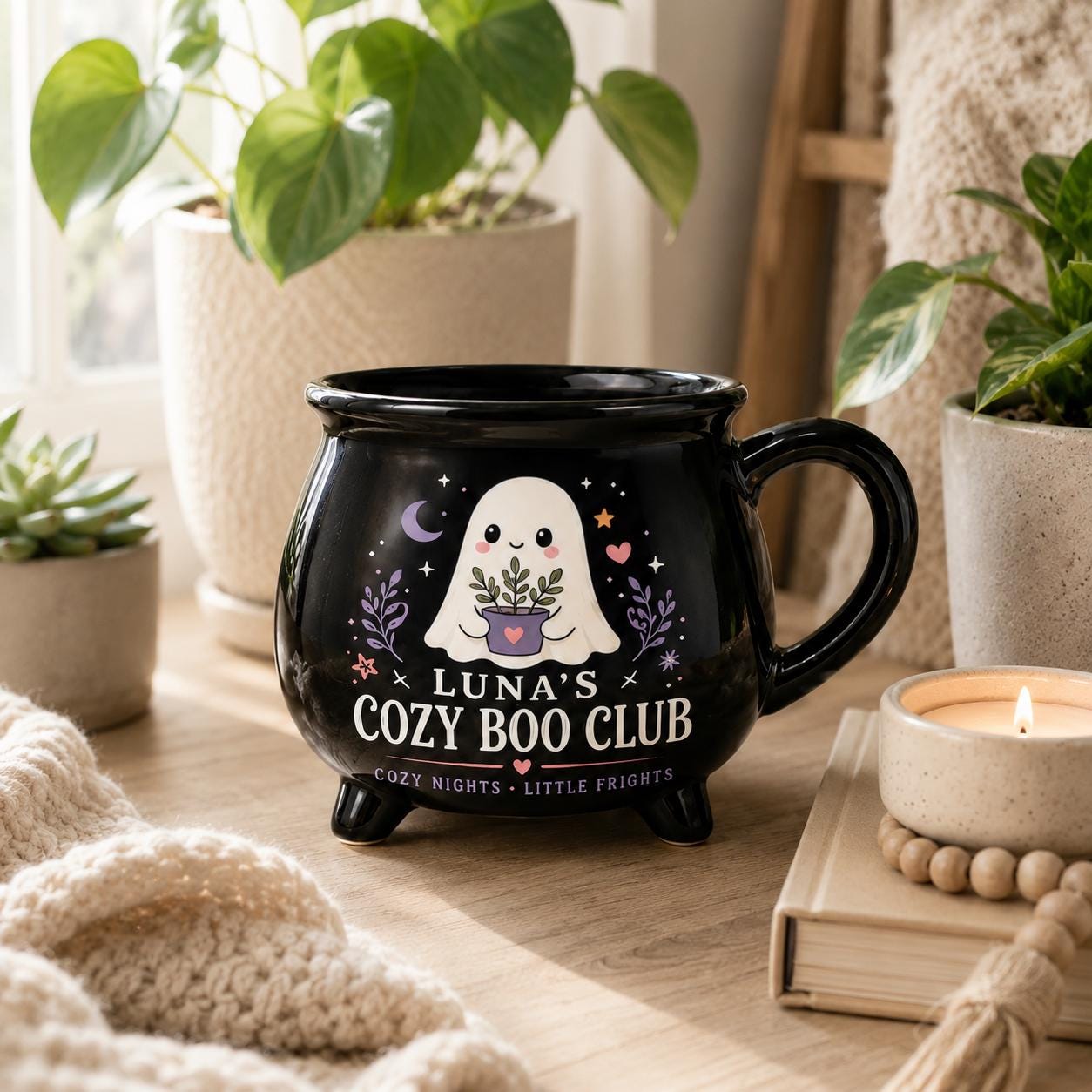 Personalized Cozy Boo Club Cauldron Mug, Cute Ghost Halloween Mug, Custom Name Spooky Gift