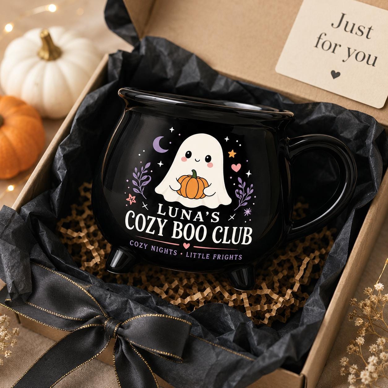 Personalized Cozy Boo Club Cauldron Mug, Cute Ghost Halloween Mug, Custom Name Spooky Gift