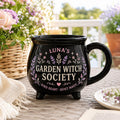 Personalized Witch Society Cauldron Mug, Custom Name Good Witch Mug, Cozy Book Garden Moon Cat Witch Gift