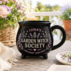 Personalized Witch Society Cauldron Mug, Custom Name Good Witch Mug, Cozy Book Garden Moon Cat Witch Gift