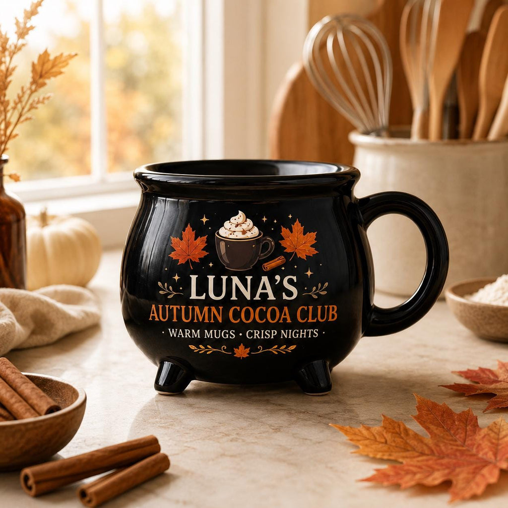 Personalized Fall Drink Cauldron Mug, Custom Autumn Cocoa Coffee Tea Cider Mug, Cozy Seasonal Gift