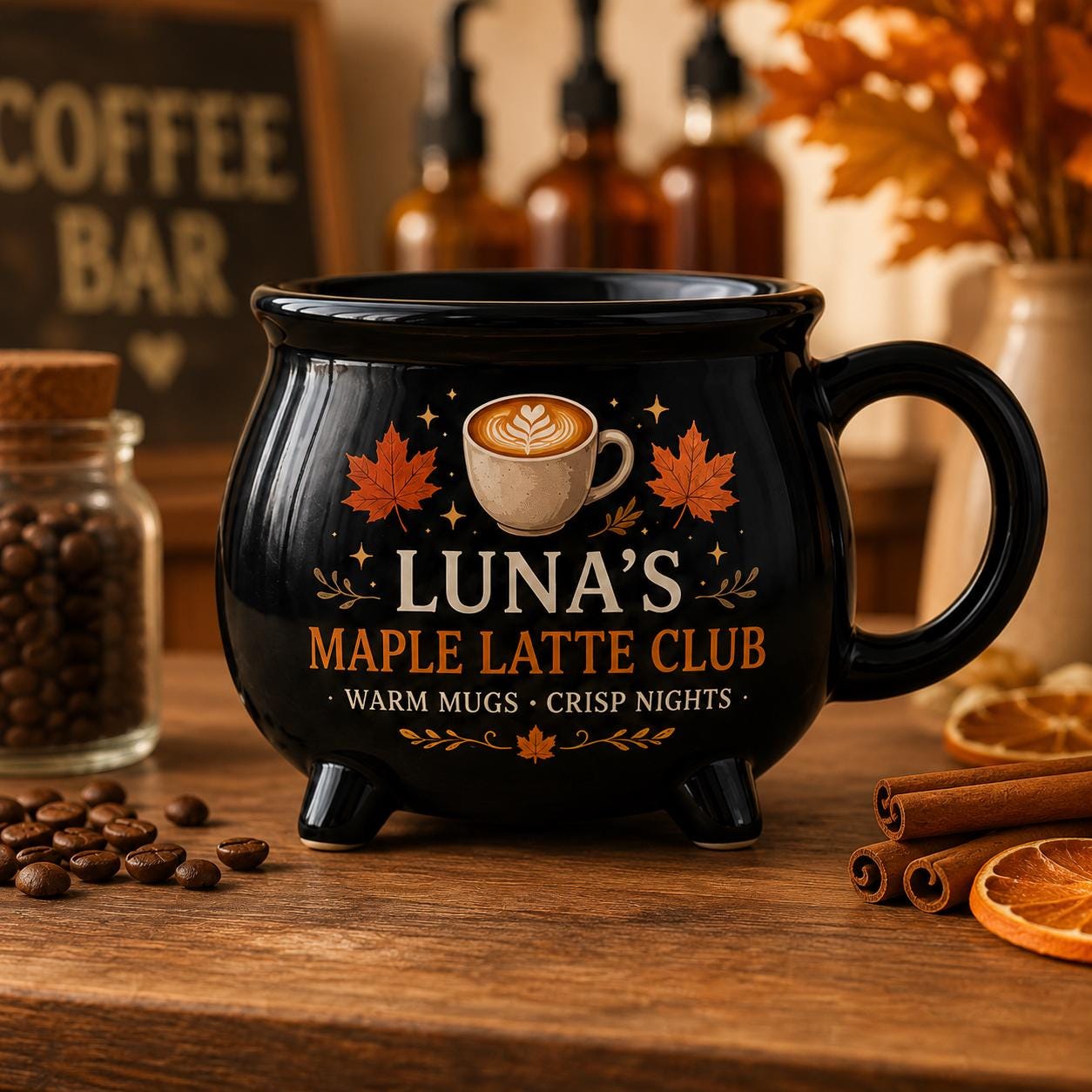 Personalized Fall Drink Cauldron Mug, Custom Autumn Cocoa Coffee Tea Cider Mug, Cozy Seasonal Gift
