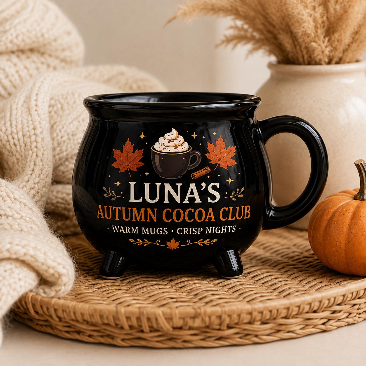 Personalized Fall Drink Cauldron Mug, Custom Autumn Cocoa Coffee Tea Cider Mug, Cozy Seasonal Gift