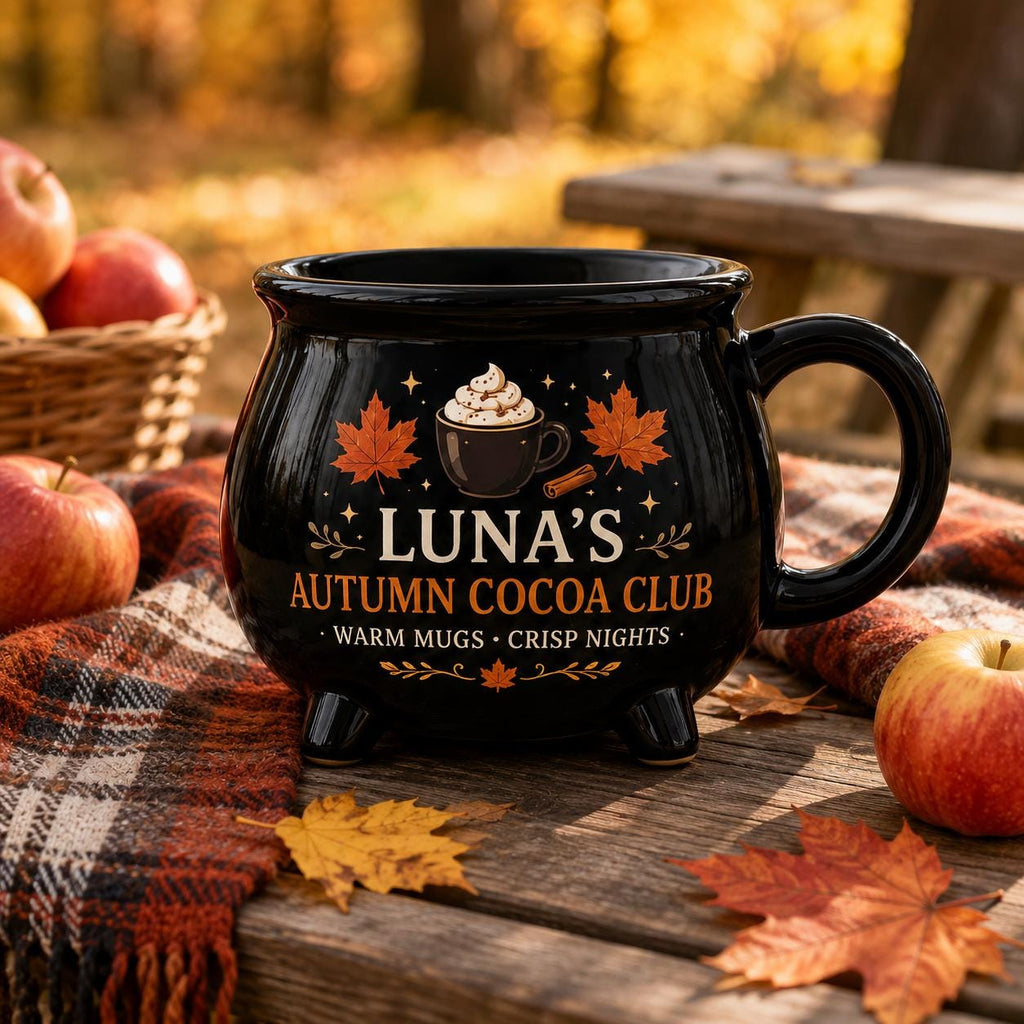 Personalized Fall Drink Cauldron Mug, Custom Autumn Cocoa Coffee Tea Cider Mug, Cozy Seasonal Gift