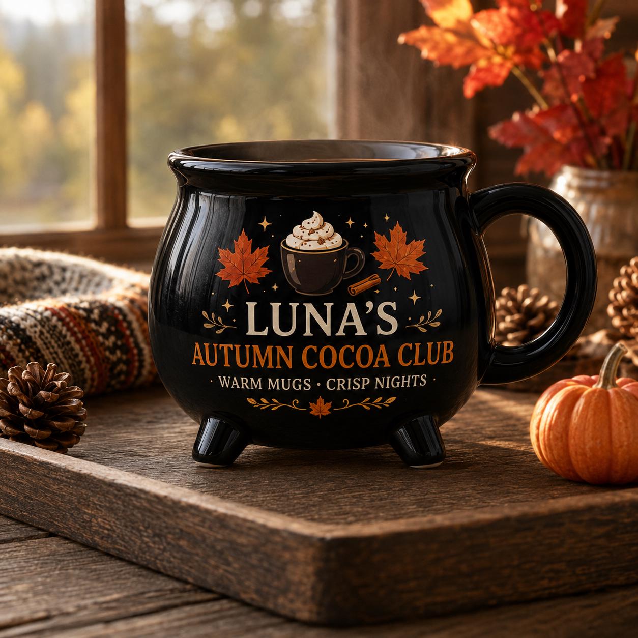 Personalized Fall Drink Cauldron Mug, Custom Autumn Cocoa Coffee Tea Cider Mug, Cozy Seasonal Gift