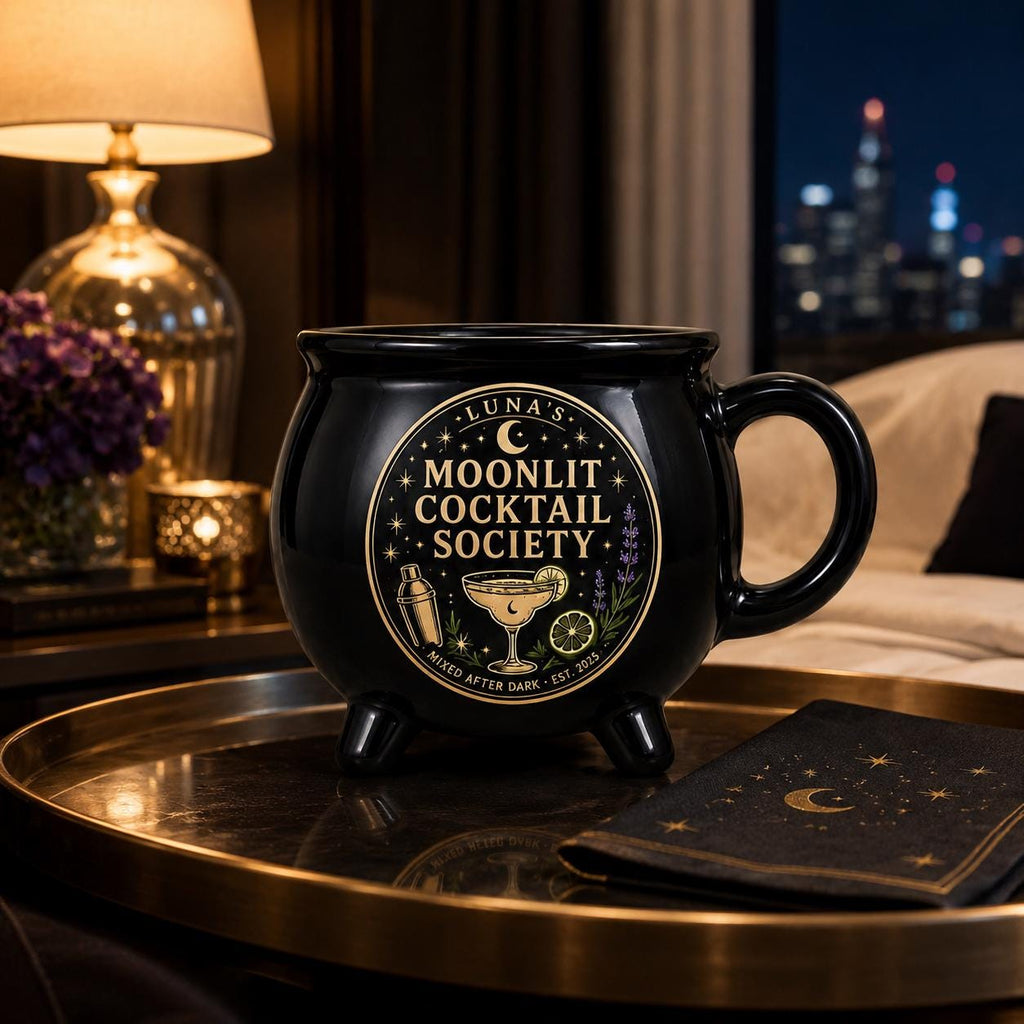 Personalized Moonlit Cocktail Cauldron Mug, Custom Witchy Drink Club Mug, Celestial Cocktail Gift