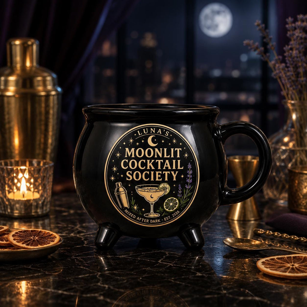 Personalized Moonlit Cocktail Cauldron Mug, Custom Witchy Drink Club Mug, Celestial Cocktail Gift