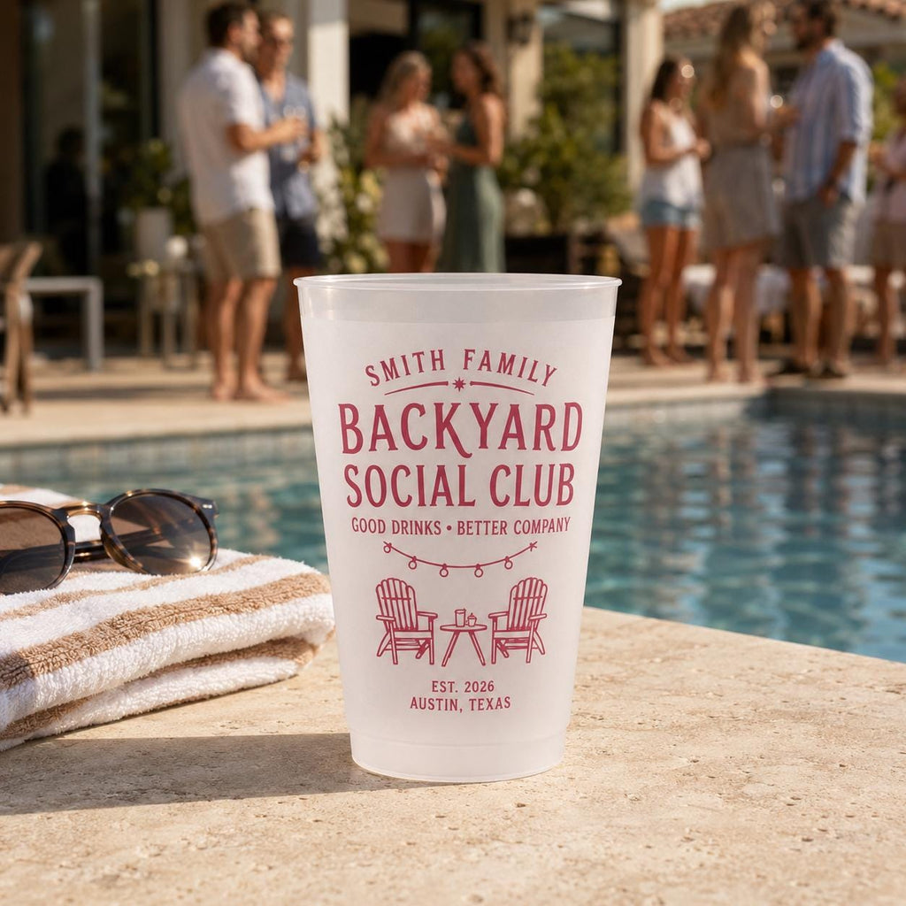 Personalized Frosted Cups, Backyard Social Club Party Cups, Custom Family Name Pool & Patio Cups, Summer Housewarming Gift