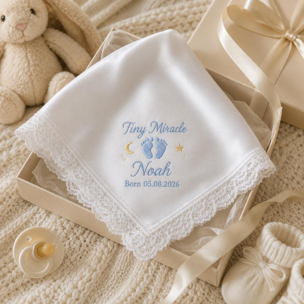 Tiny Miracle Embroidered Handkerchief, Personalized Baby Keepsake Hanky, Custom Newborn Satin Lace Gift