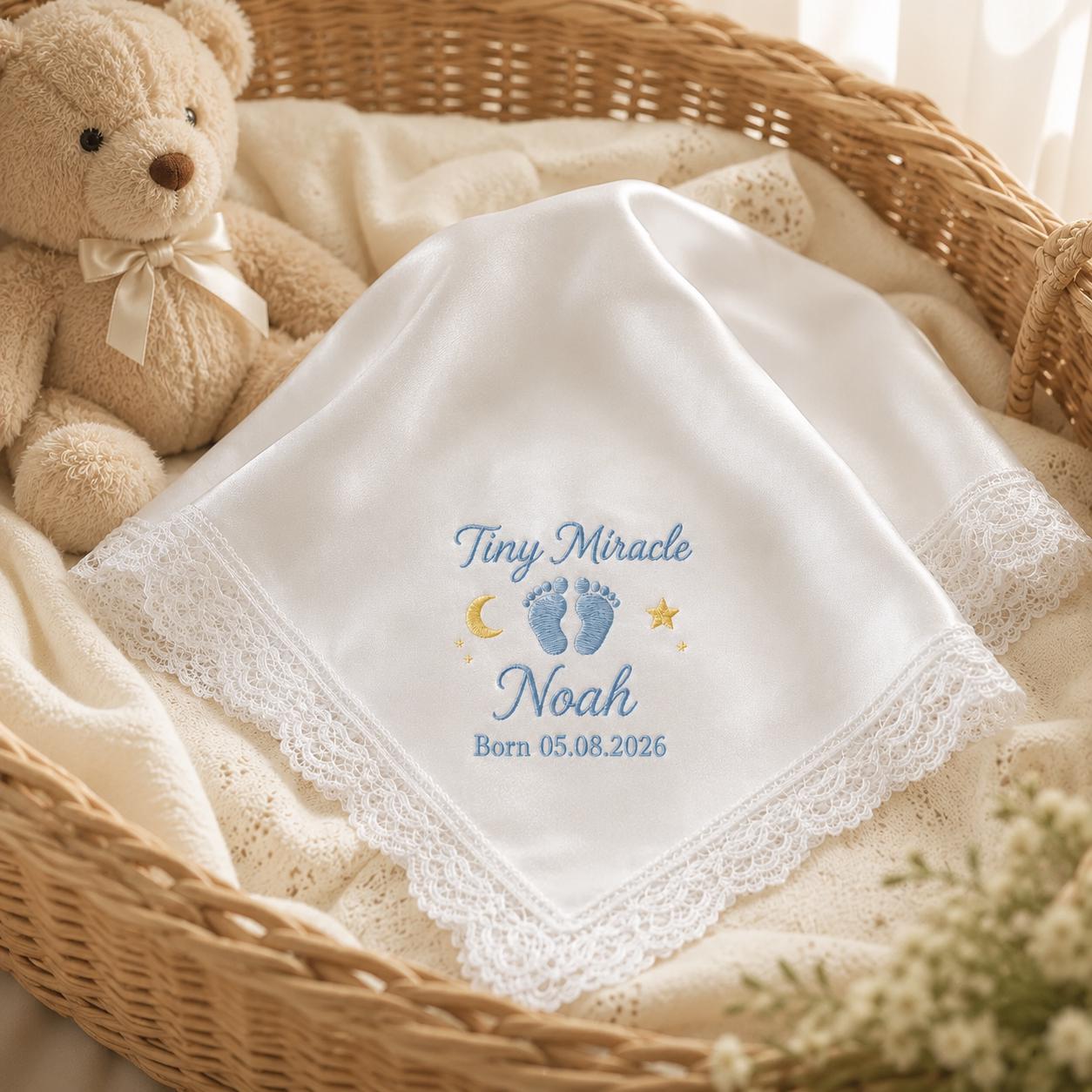 Tiny Miracle Embroidered Handkerchief, Personalized Baby Keepsake Hanky, Custom Newborn Satin Lace Gift