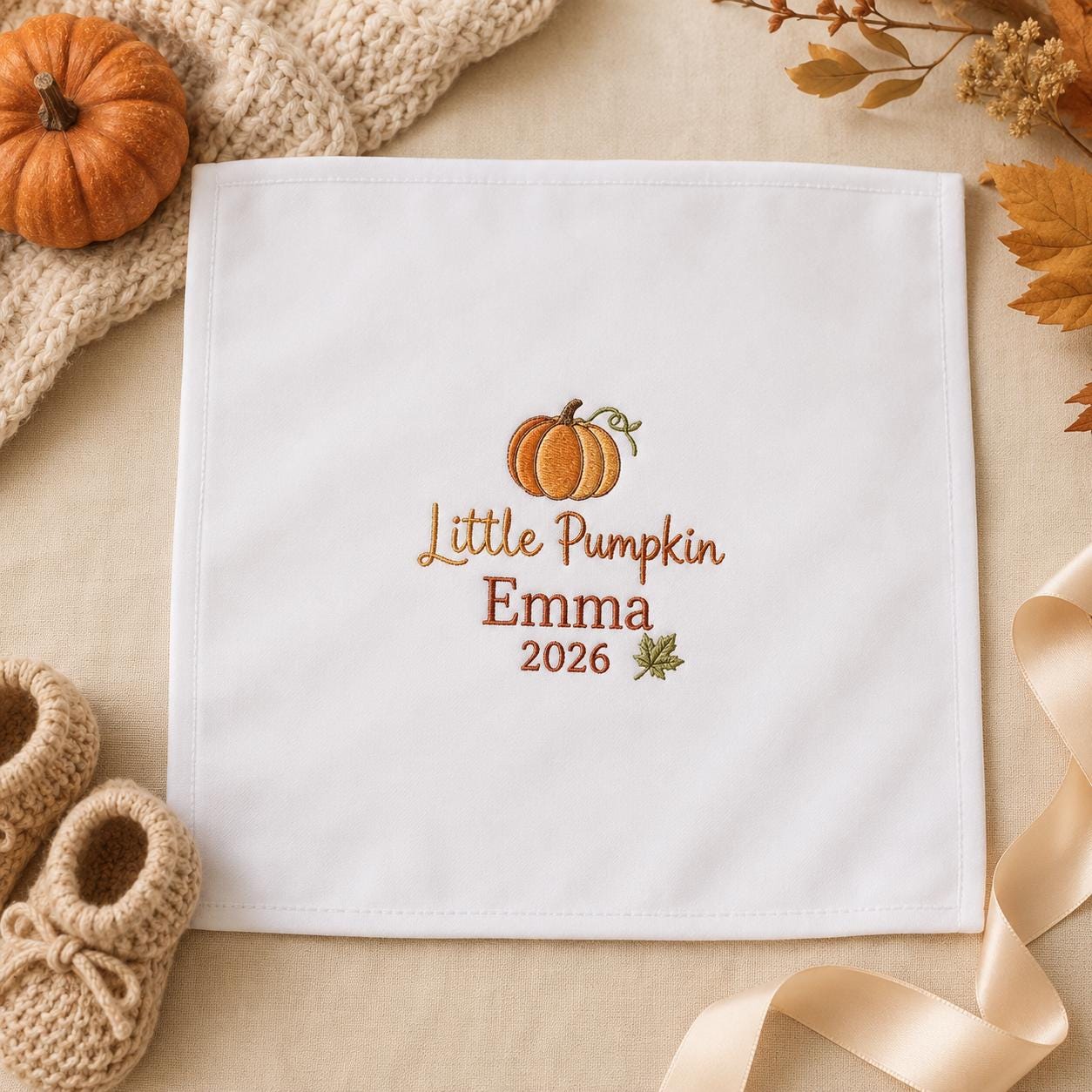 Little Pumpkin Embroidered Handkerchief, Personalized Baby Keepsake Hanky, Custom Fall Newborn Gift