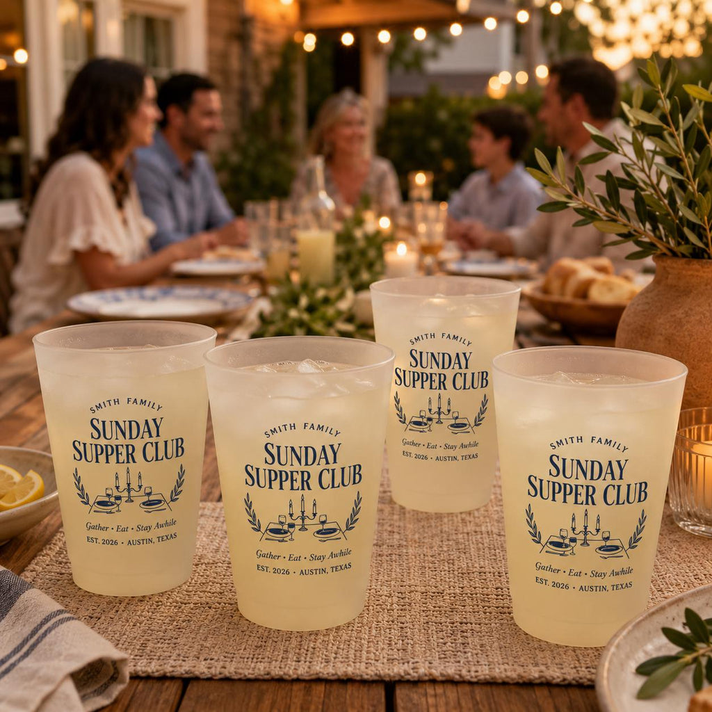 Personalized Frosted Cups, Sunday Supper Club Cups, Custom Family Name Party Cups, Dinner Party Favors, Housewarming Gift