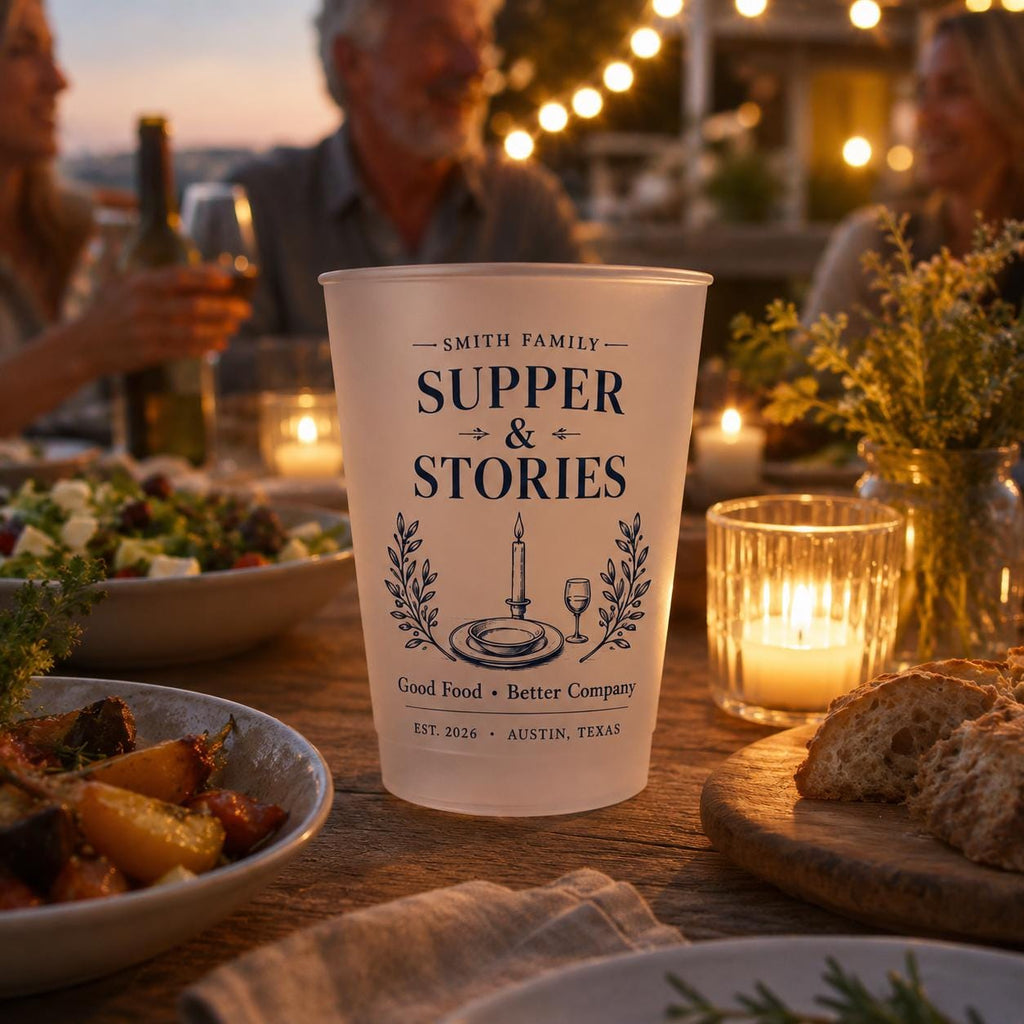 Personalized Frosted Cups, Sunday Supper Club Cups, Custom Family Name Party Cups, Dinner Party Favors, Housewarming Gift