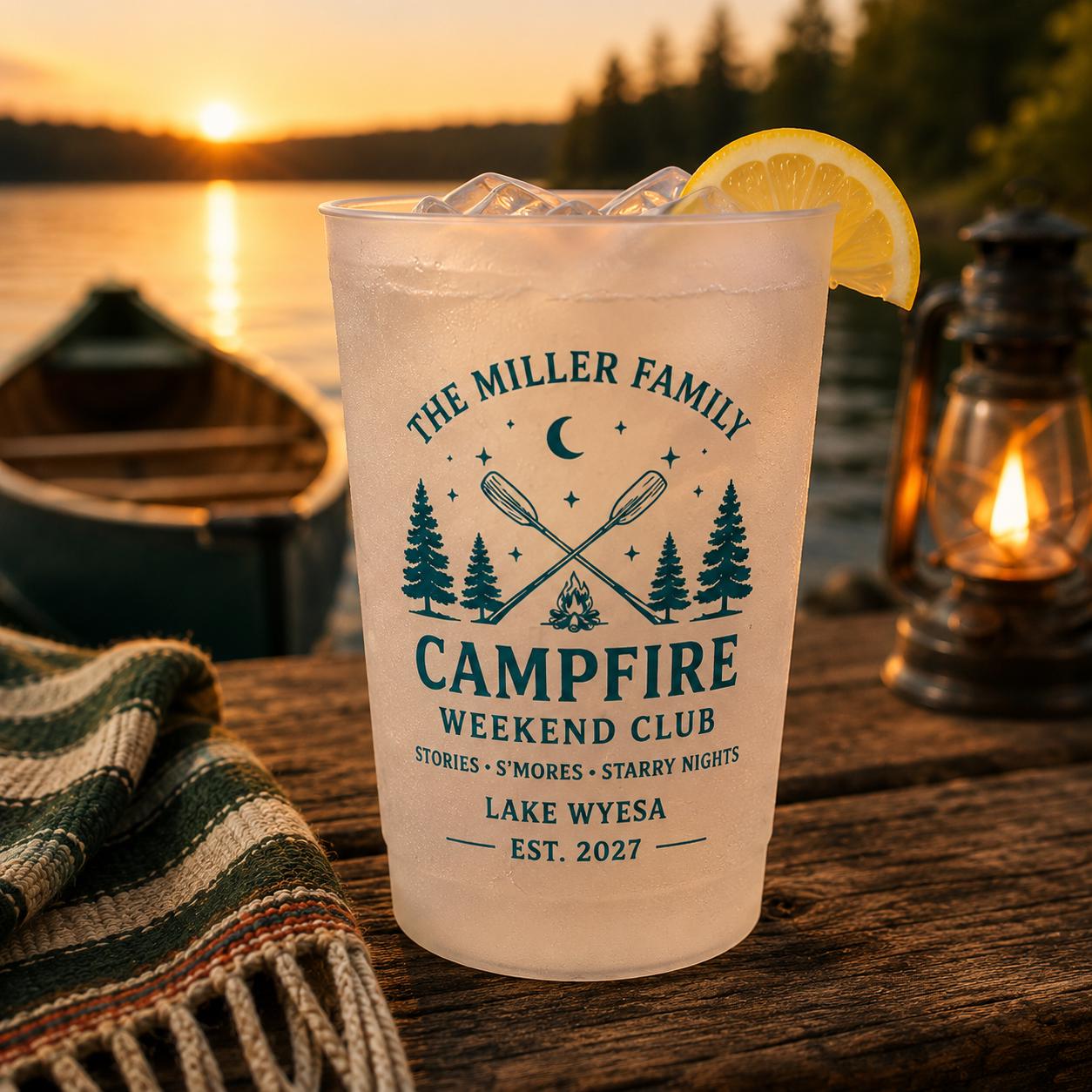 Personalized Campfire Frosted Cups, Custom Family Camping Cups, Cabin Weekend Party Favors, Lake House Reunion Cups