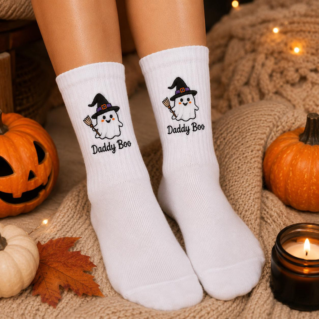 Personalized Family Boo Crew Embroidered Socks, Custom Mama Daddy Little Boo Ghost Socks, Matching Halloween Family Gift