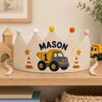 Personalized Construction Birthday Crown, Embroidered Linen-Look Kids Crown, Custom Name Dump Truck First Birthday Hat