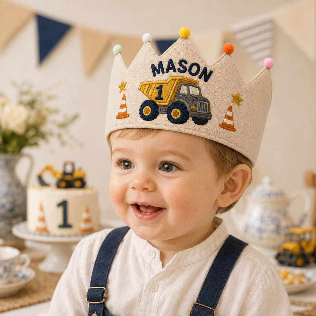 Personalized Construction Birthday Crown, Embroidered Linen-Look Kids Crown, Custom Name Dump Truck First Birthday Hat